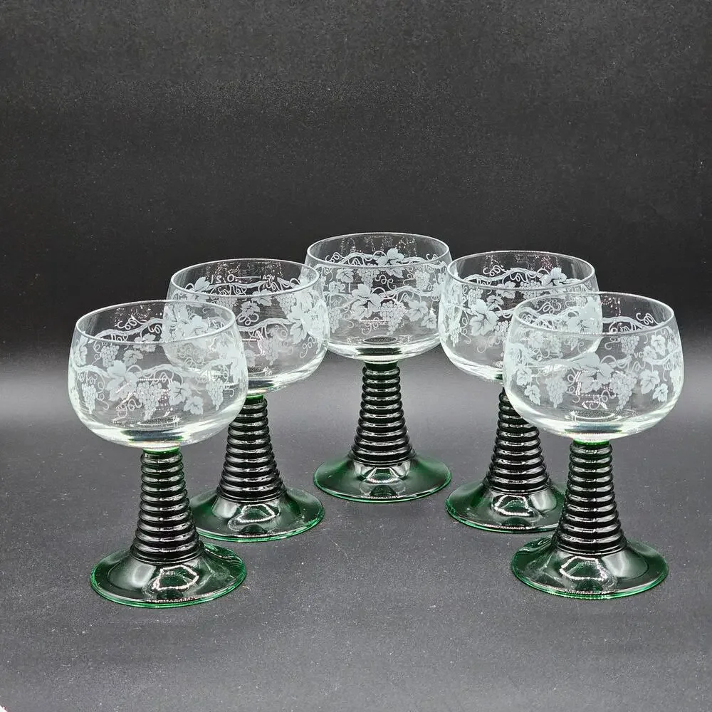 Mid Century Luminarc Etched Grape Roemer Wine Glass Set